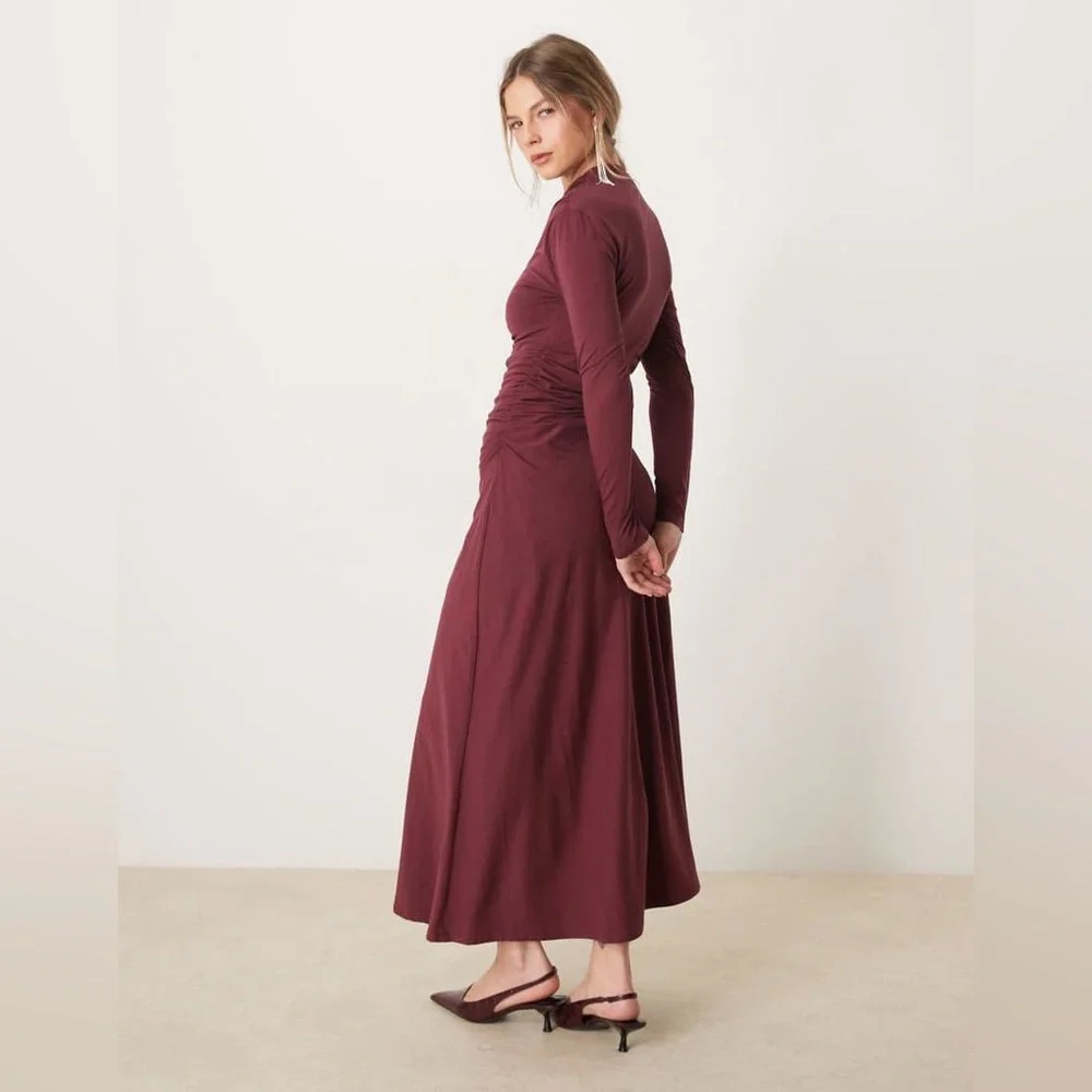 NWOT Abercrombie & Fitch High Neck Ruched Wrap Maxi Dress Wine Sz S